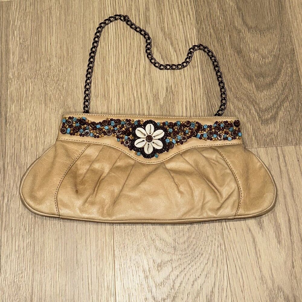 Tommy Bahama Leather Beaded Seashell Pleated Tan Beige Clutch Purse